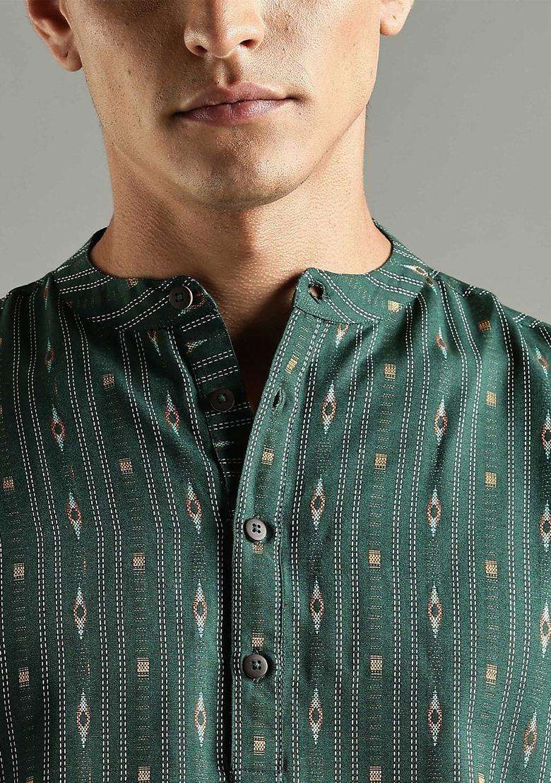 Green Striped Blended Kurta For Men - Indya