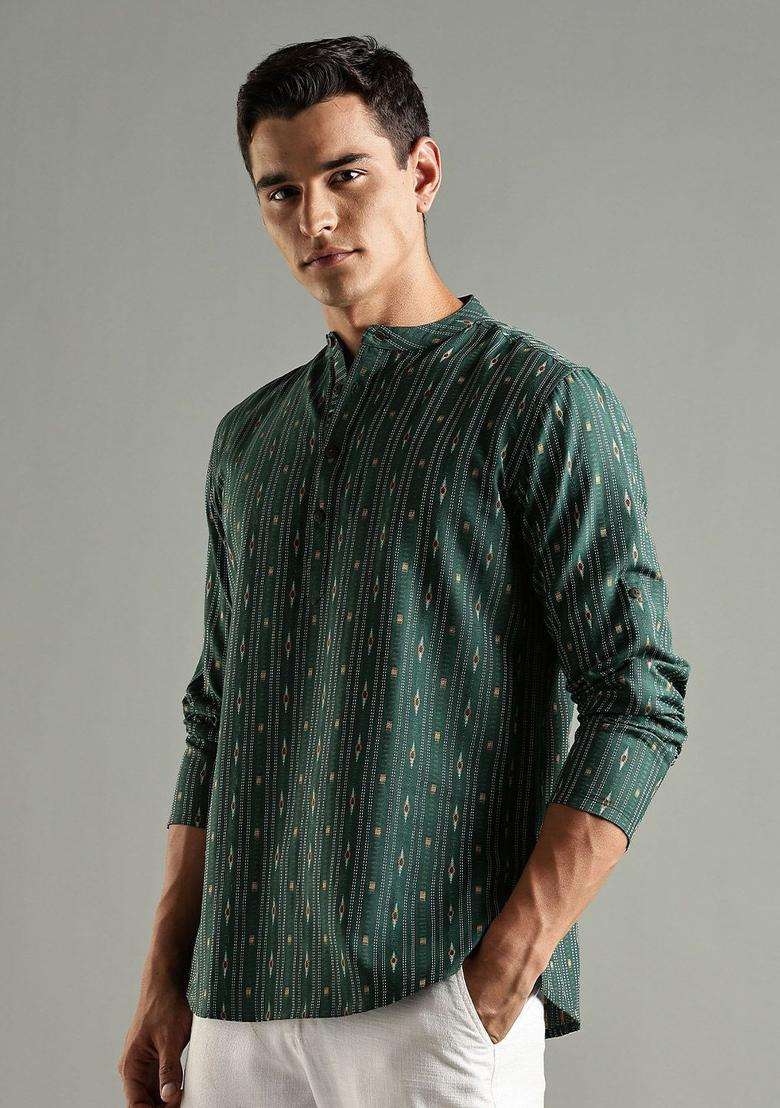 Green Striped Blended Kurta For Men - Indya