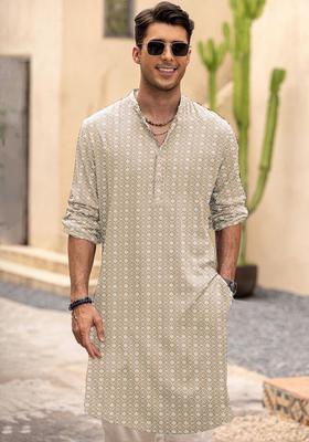 Beige Embroidered Cotton Kurta For Men