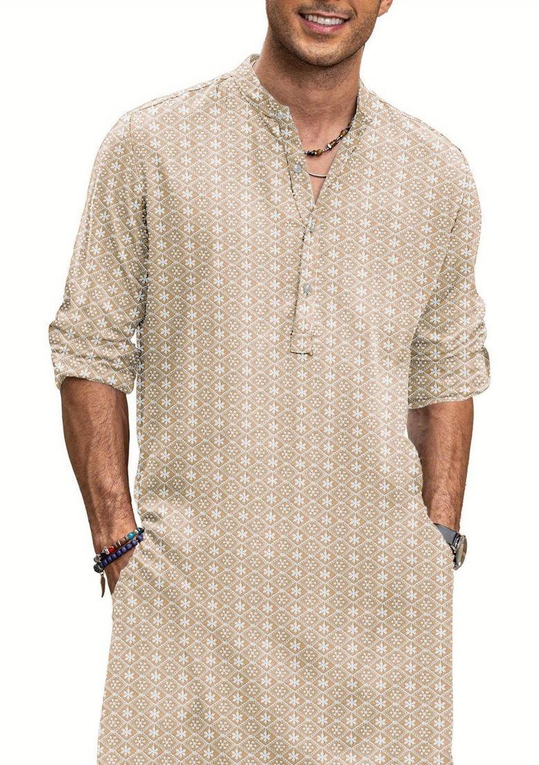 Beige Embroidered Cotton Kurta For Men - Indya