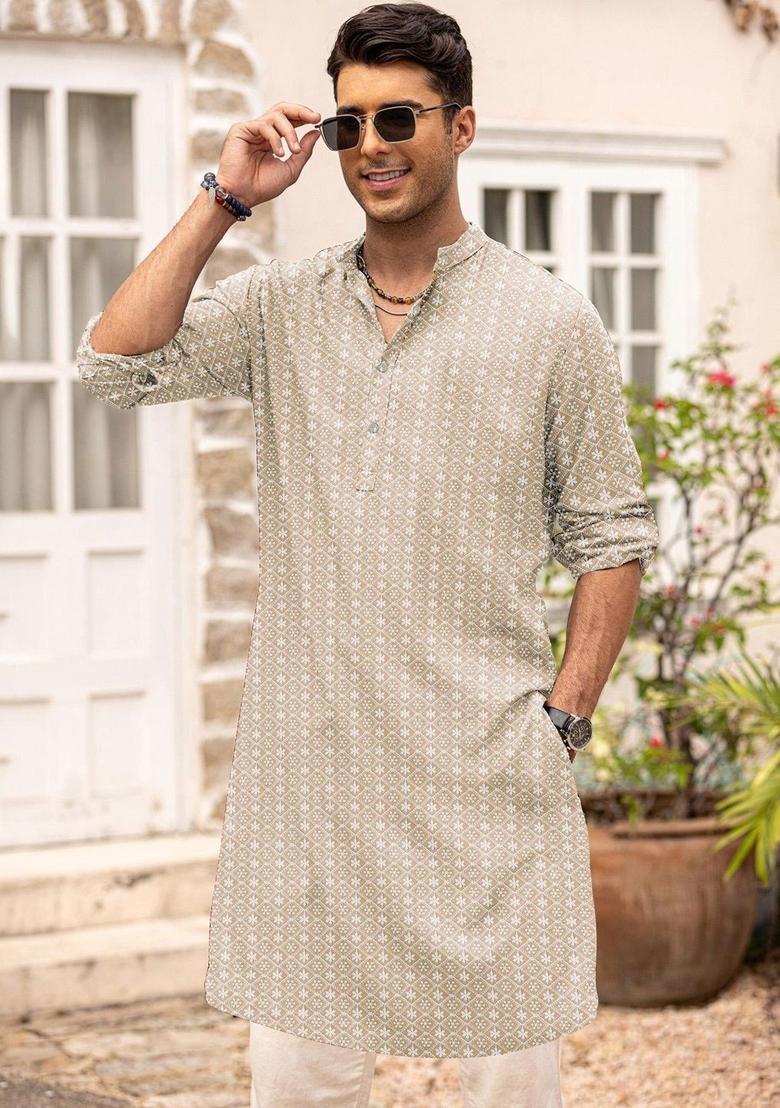 Beige Embroidered Cotton Kurta For Men - Indya