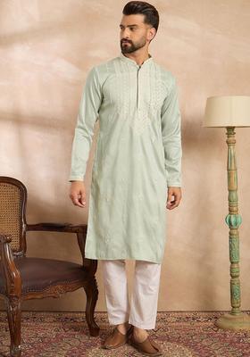 Green Embroidered Blended Kurta For Men