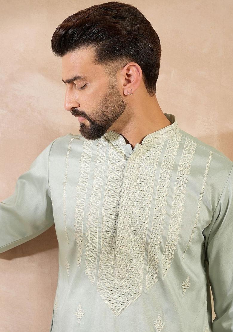 Green Embroidered Blended Kurta For Men - Indya