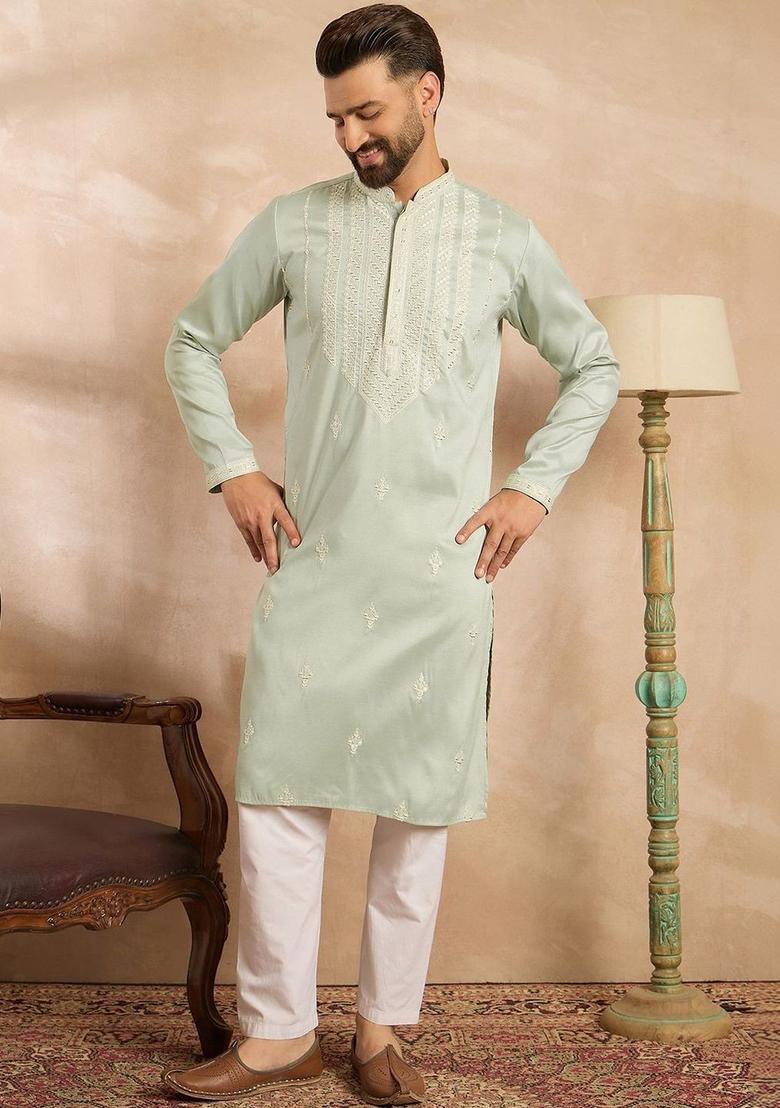 Green Embroidered Blended Kurta For Men - Indya