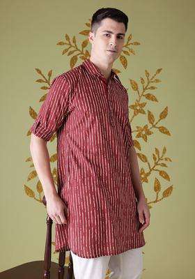 Maroon Striped Cotton Kurta For Men