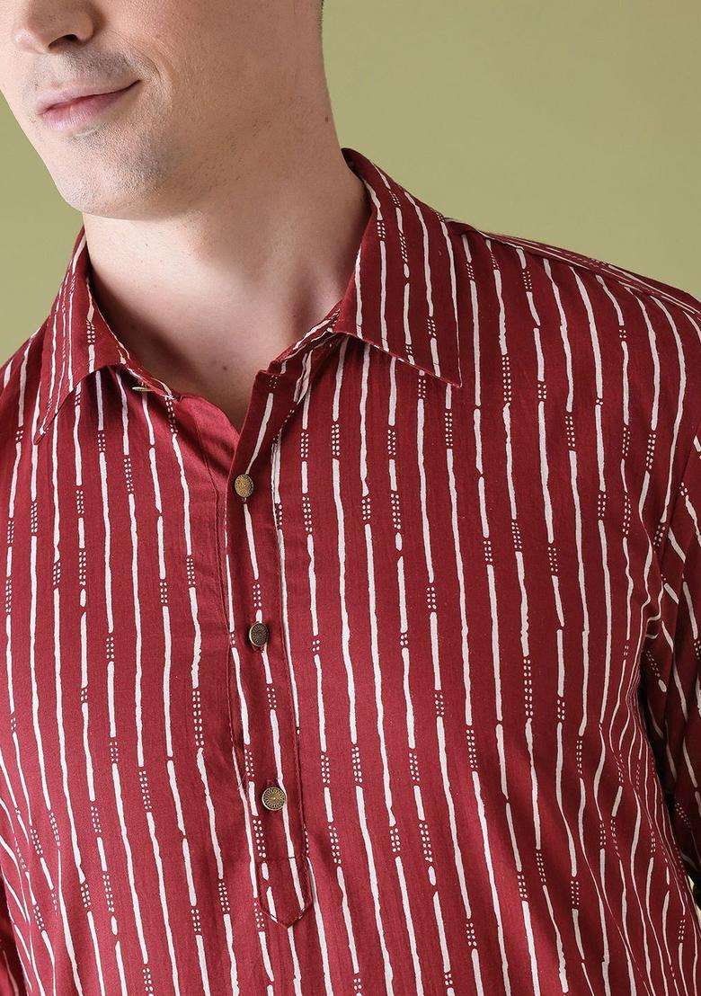 Maroon Striped Cotton Kurta For Men - Indya