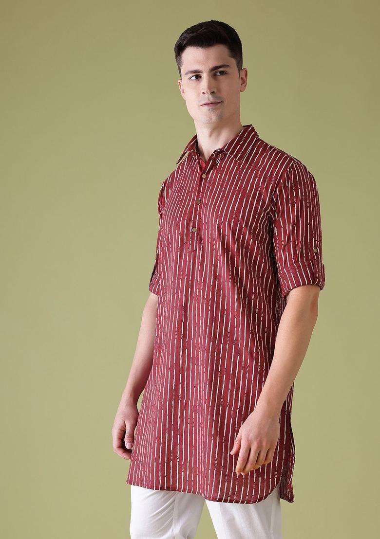 Maroon Striped Cotton Kurta For Men - Indya