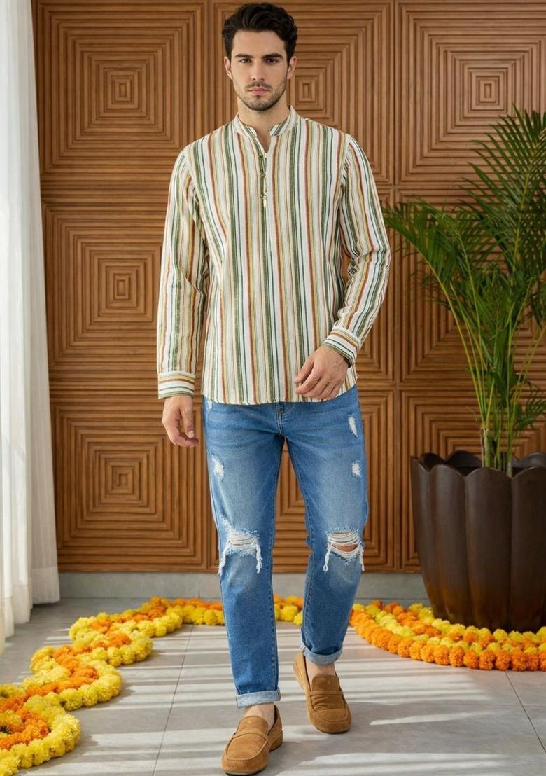 Multi Striped Cotton Kurta For Men - Indya