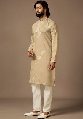 Beige Solid Cotton Kurta For Men