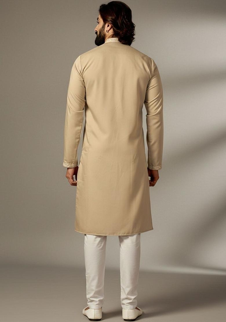 Beige Solid Cotton Kurta For Men - Indya