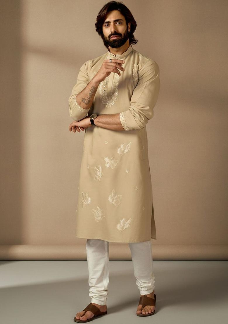 Beige Solid Cotton Kurta For Men - Indya
