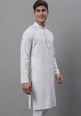 White Embroidered Viscose Kurta For Men