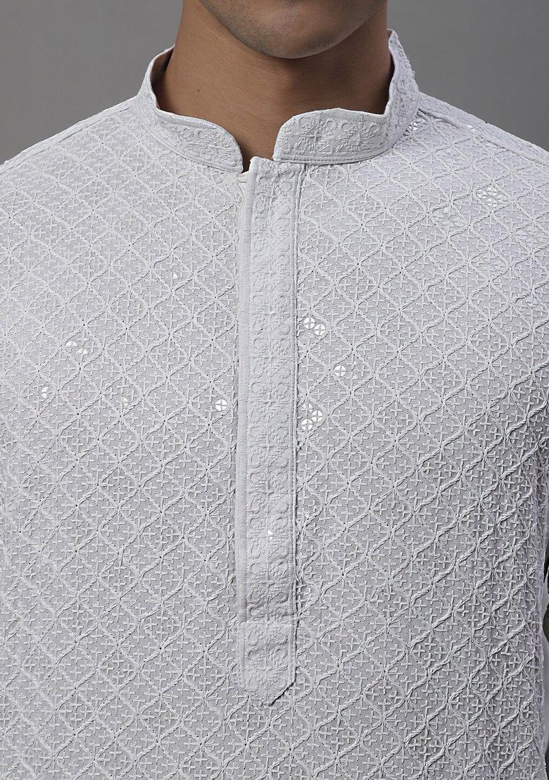 White Embroidered Viscose Kurta For Men - Indya