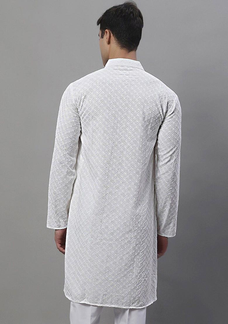 White Embroidered Viscose Kurta For Men - Indya