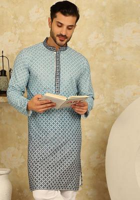 White Embroidered Viscose Kurta For Men