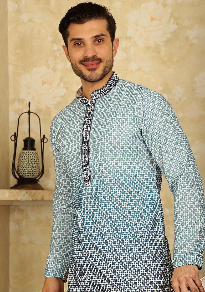 White Embroidered Viscose Kurta For Men - Indya
