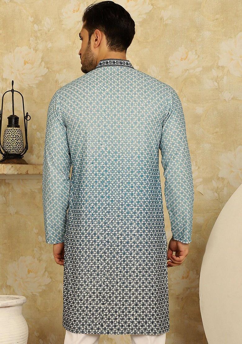White Embroidered Viscose Kurta For Men - Indya