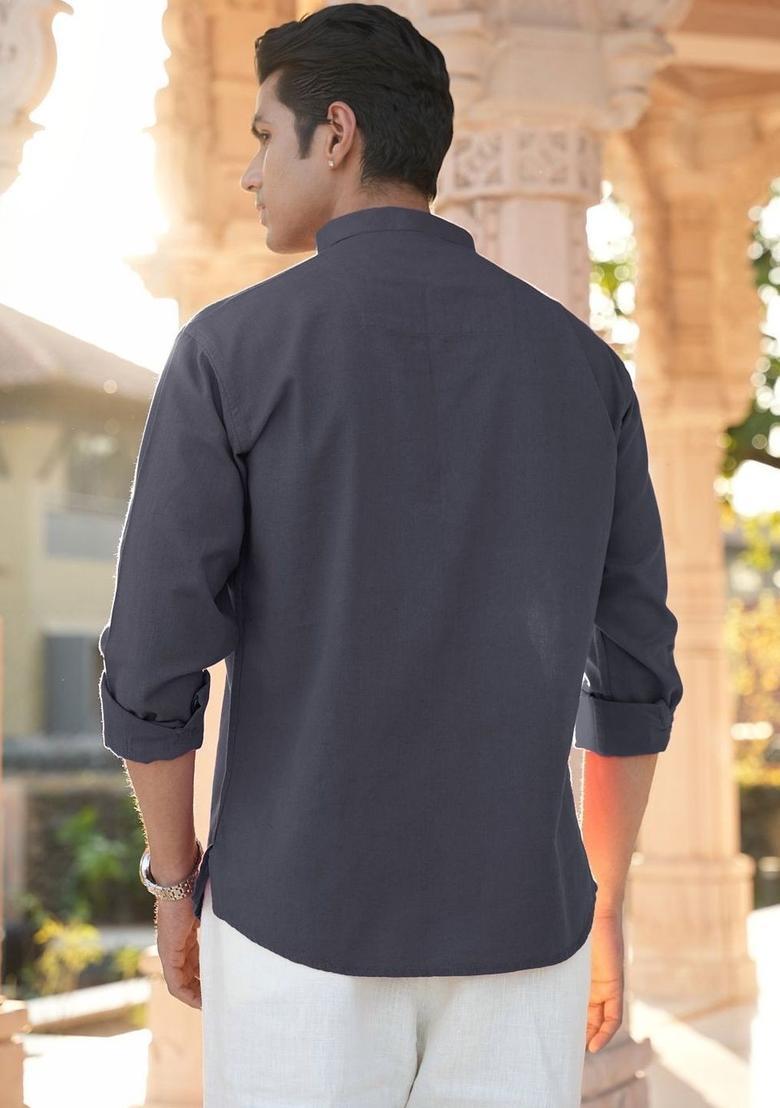 Grey Solid Cotton Kurta For Men - Indya
