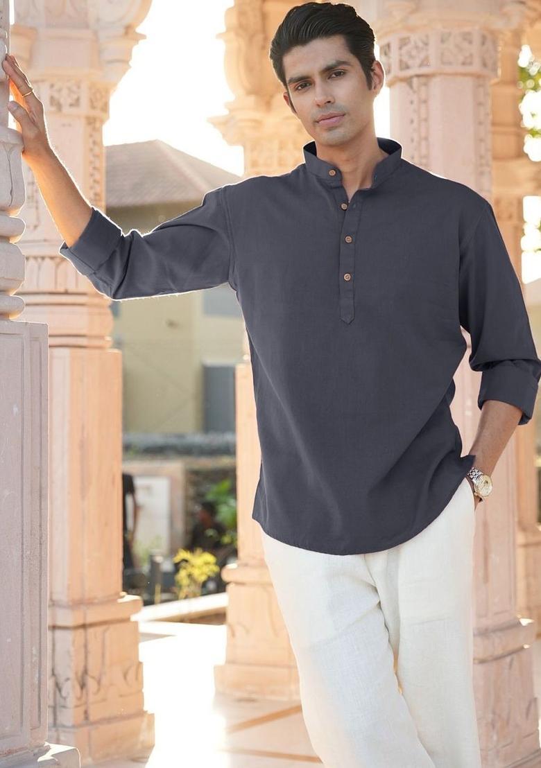 Grey Solid Cotton Kurta For Men - Indya