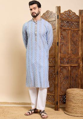 Blue Woven Design Viscose Kurta For Men