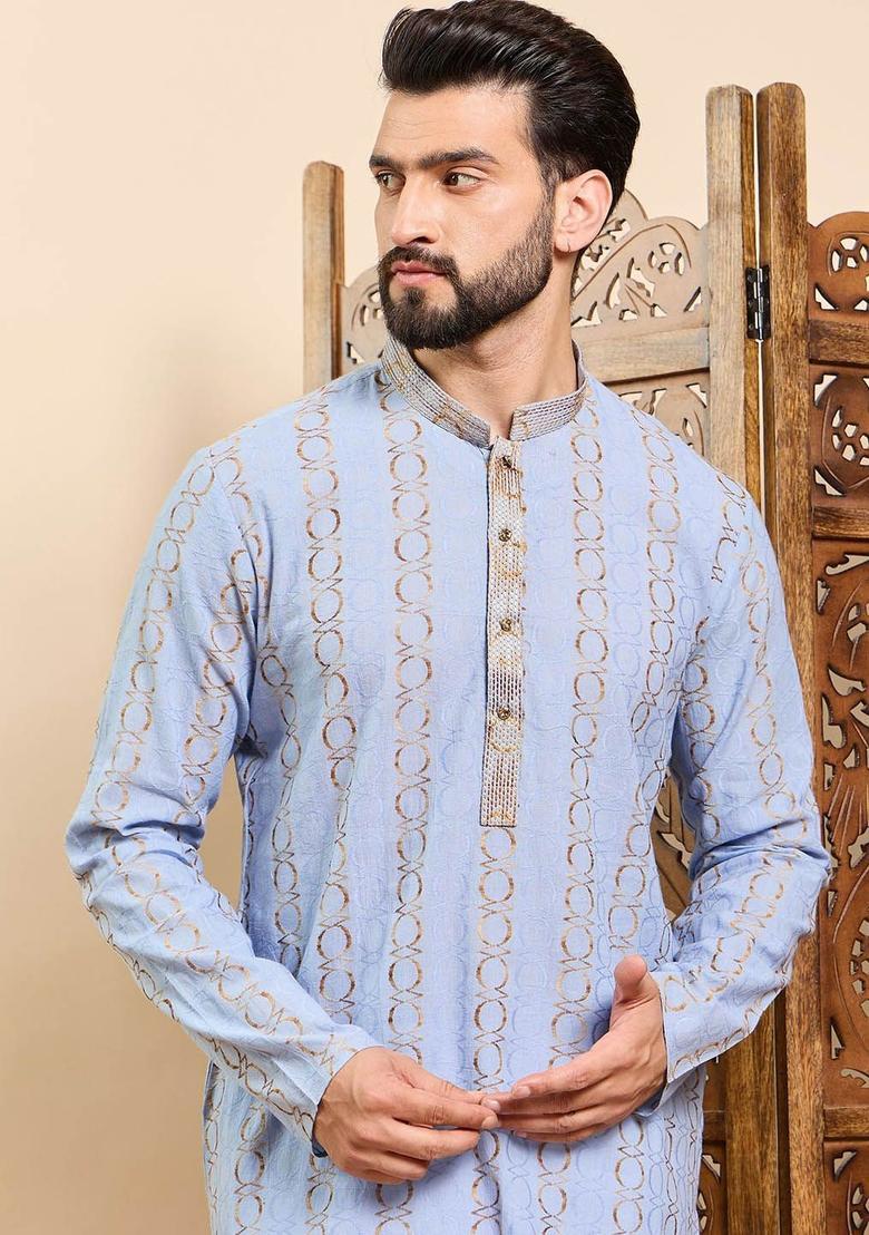 Blue Woven Design Viscose Kurta For Men - Indya