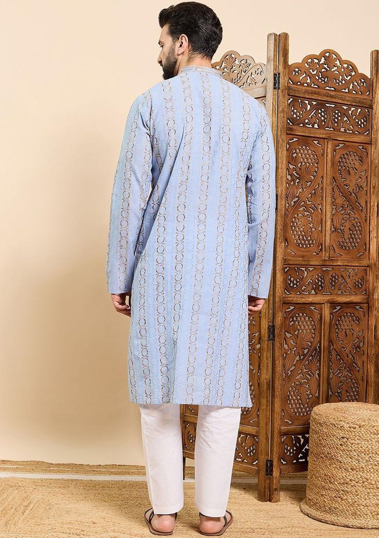 Blue Woven Design Viscose Kurta For Men - Indya