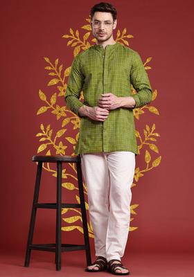 Olive Printed Cotton Kurta For Men