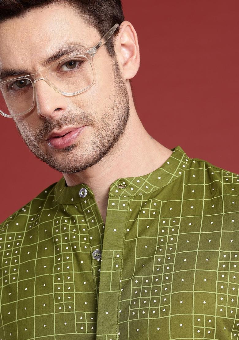 Olive Printed Cotton Kurta For Men - Indya