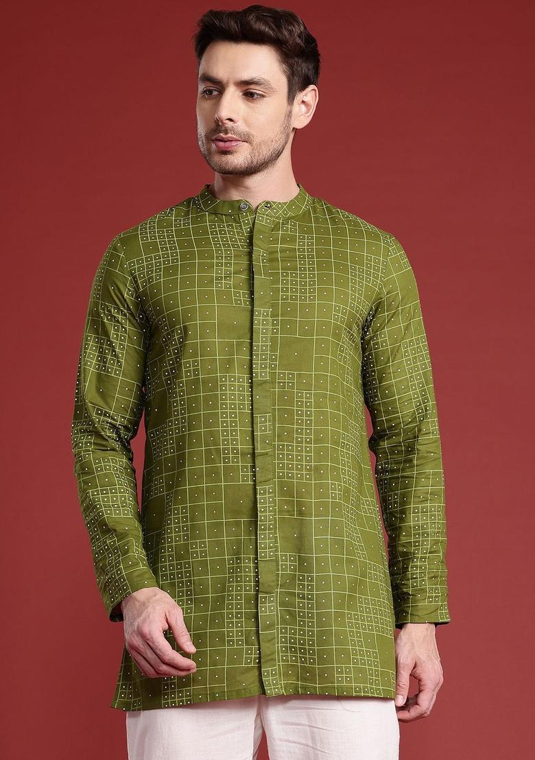 Olive Printed Cotton Kurta For Men - Indya