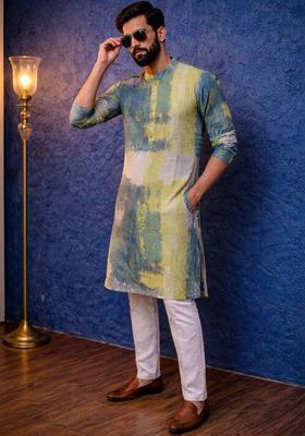 Green Printed Viscose Kurta For Men