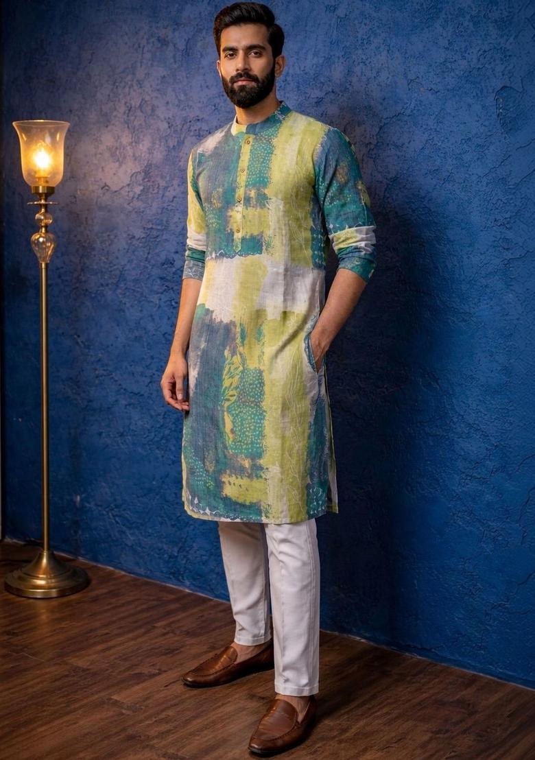 Green Printed Viscose Kurta For Men - Indya