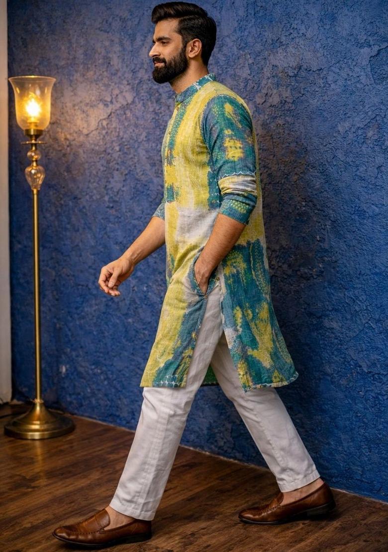 Green Printed Viscose Kurta For Men - Indya