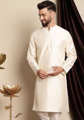 Beige Solid Cotton Kurta For Men