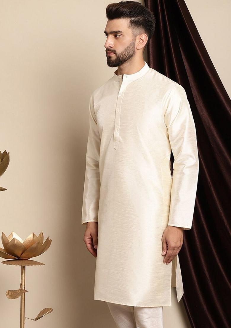 Beige Solid Cotton Kurta For Men - Indya