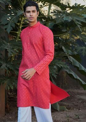 Red Printed Cotton Kurta For Men
