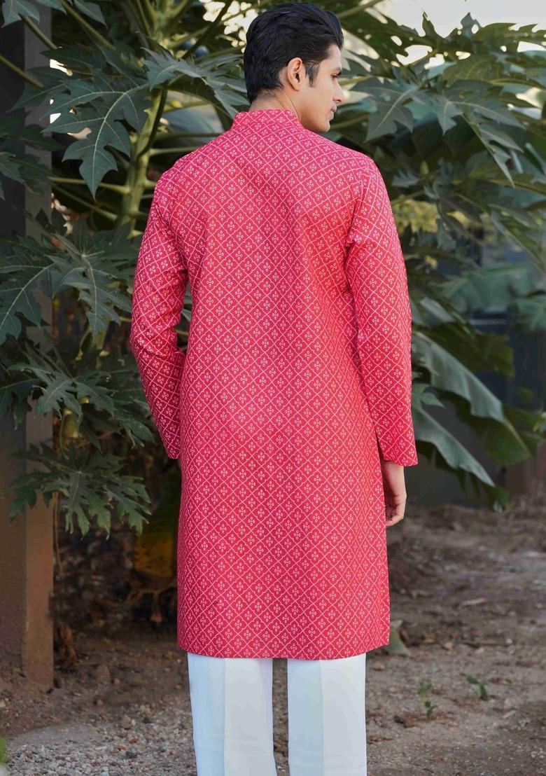 Red Printed Cotton Kurta For Men - Indya