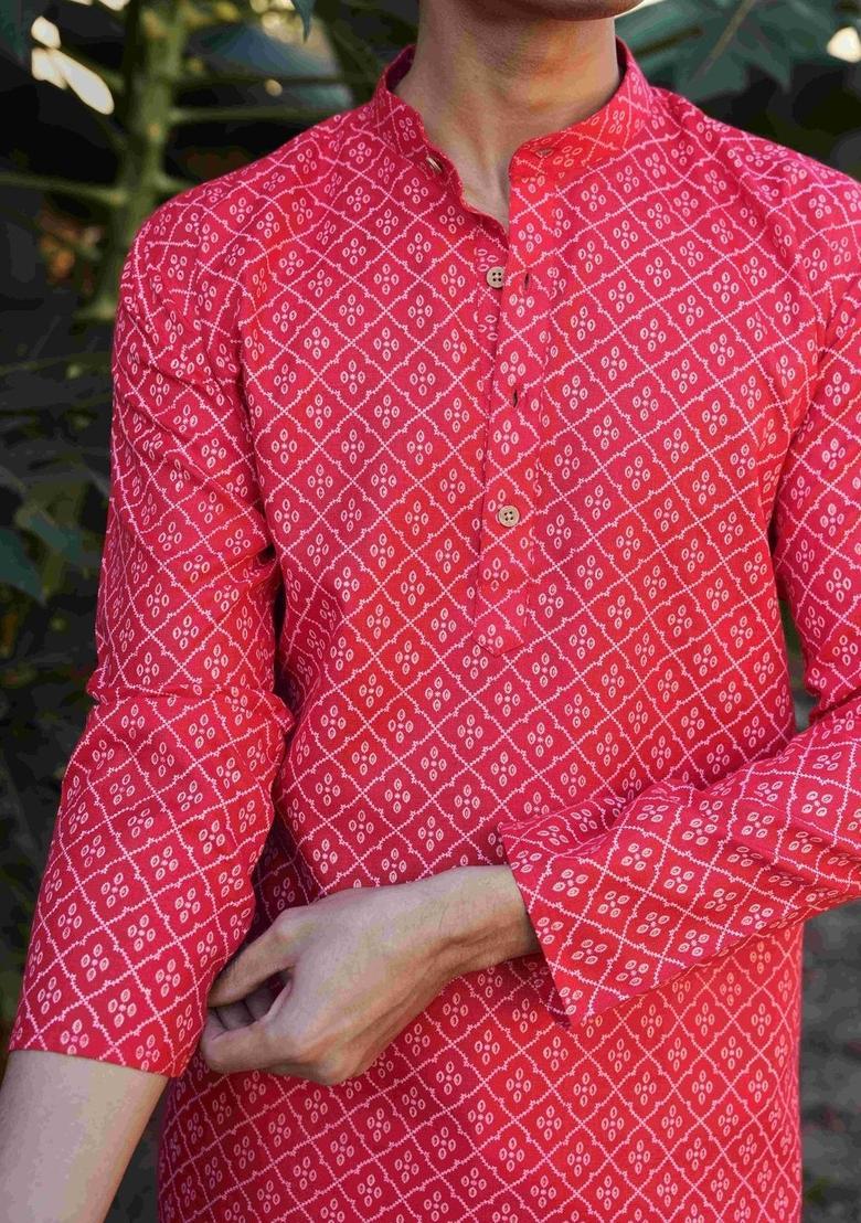 Red Printed Cotton Kurta For Men - Indya