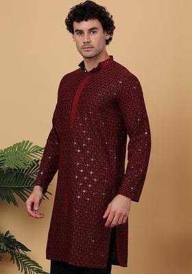 Black Woven Design Viscose Kurta For Men