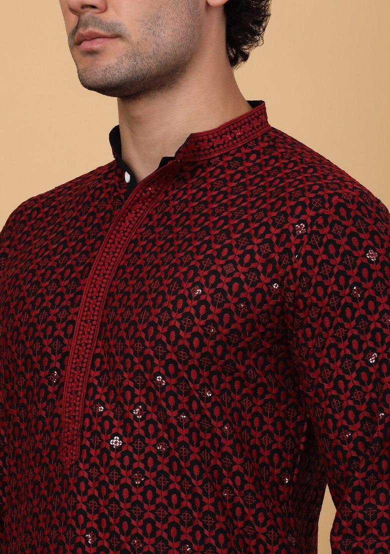Black Woven Design Viscose Kurta For Men - Indya