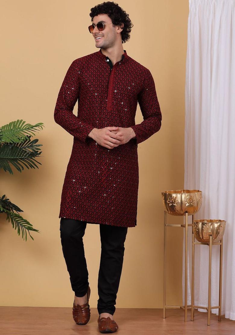Black Woven Design Viscose Kurta For Men - Indya