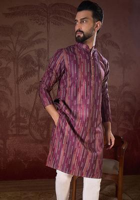 Purple Printed Silk Kurta For Men