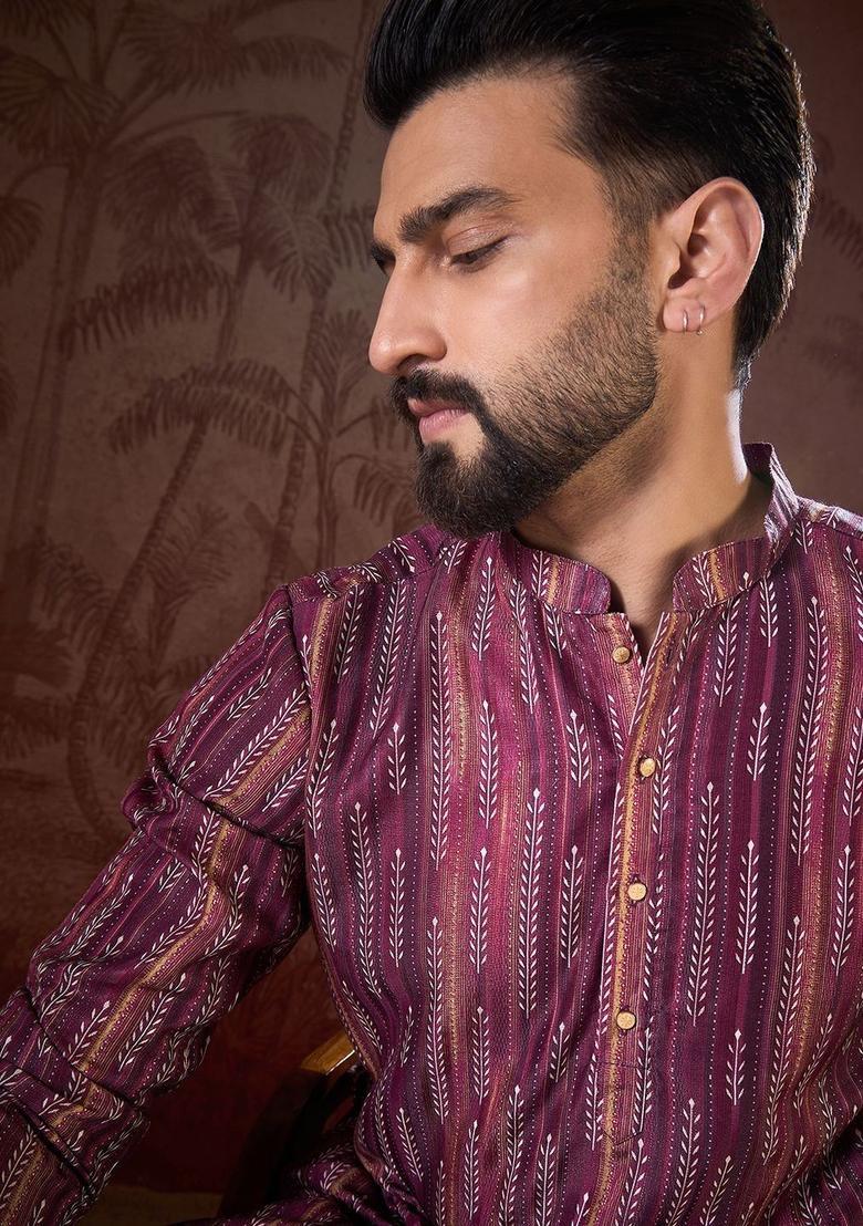 Purple Printed Silk Kurta For Men - Indya