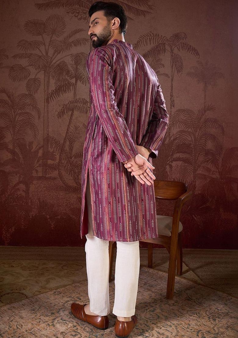 Purple Printed Silk Kurta For Men - Indya