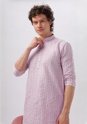 Pink Woven Design Cotton Kurta For Men