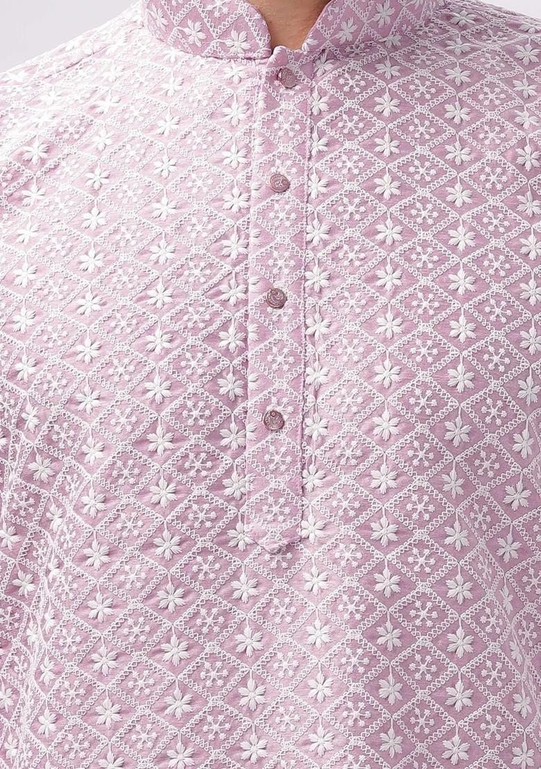 Pink Woven Design Cotton Kurta For Men - Indya