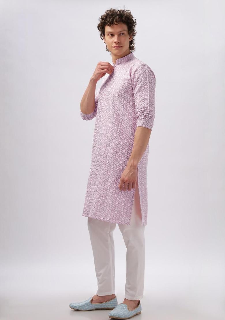 Pink Woven Design Cotton Kurta For Men - Indya