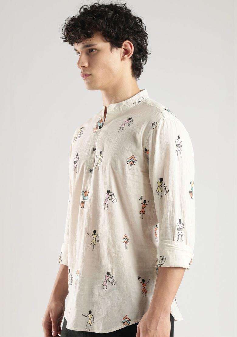 Multi Embroidered Cotton Kurta For Men - Indya