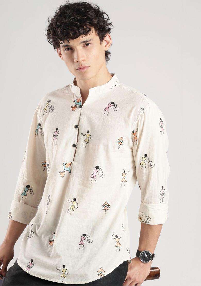 Multi Embroidered Cotton Kurta For Men - Indya