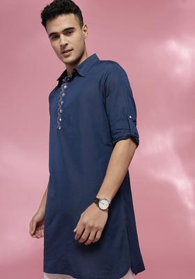 Blue Solid Polyester Kurta For Men