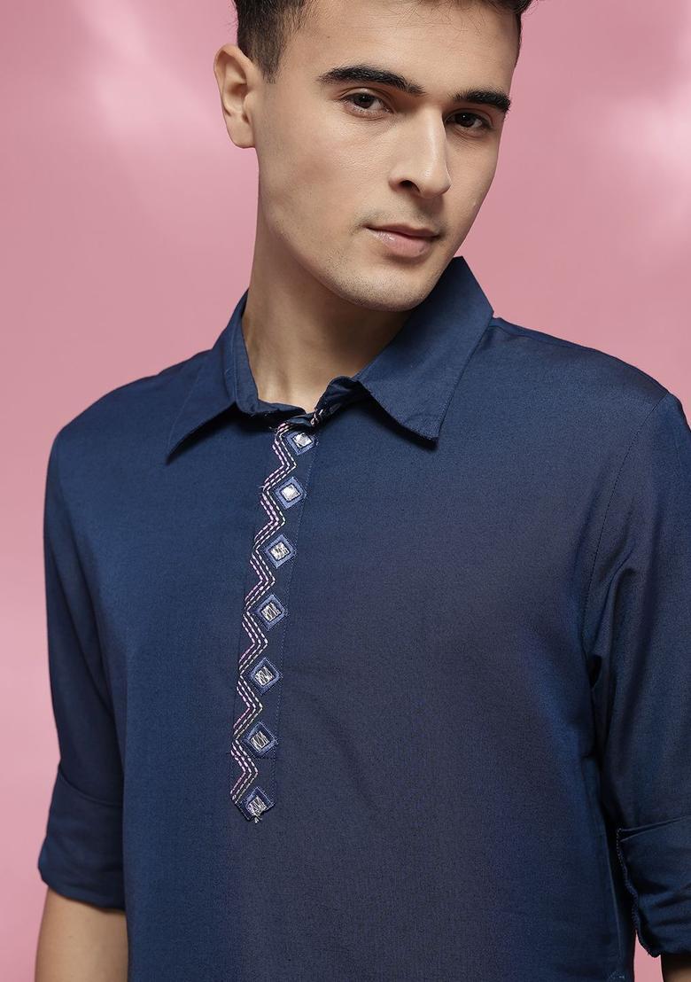 Blue Solid Polyester Kurta For Men - Indya